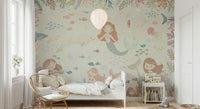 Ocean-themed feature wall mural in living room, gentle shoreline pattern, neutral furniture