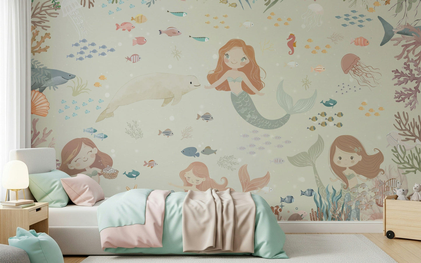 Sea-inspired wall mural for dining area, subtle blue waves and sandy accents