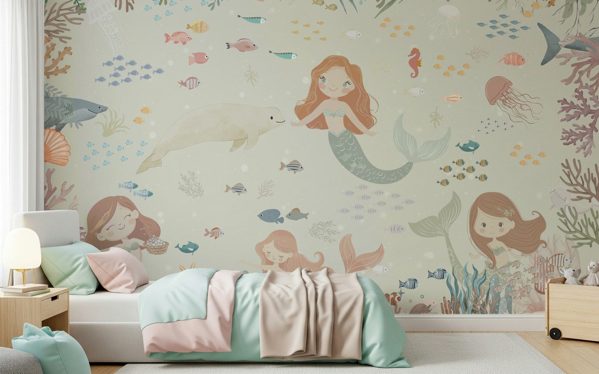 Sea-inspired wall mural for dining area, subtle blue waves and sandy accents