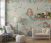 Kids bedroom wall decor with Ocean’s Lullaby Wall Mural, pastel sea tones and simple style