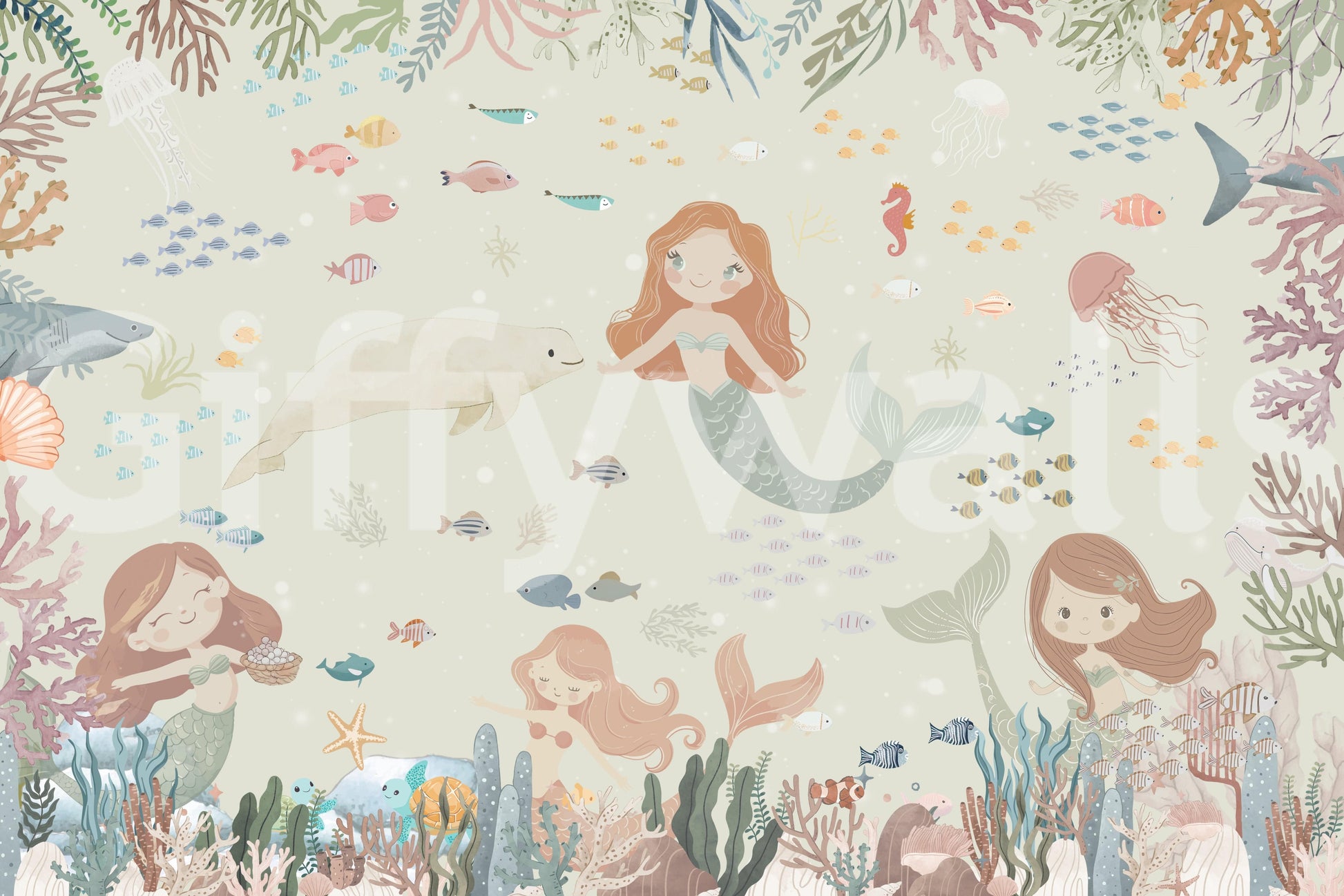 Neutral coastal mural in nursery, gentle ocean look with light blue and beige tones