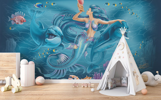Blue Underwater Mermaid wallpaper with a mermaid and dolphin among fish in a kids room with a white teepee