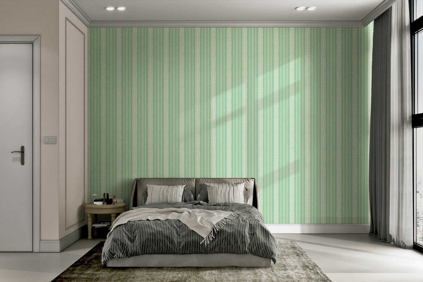 Retro-inspired wallpaper with green stripes and cherries


