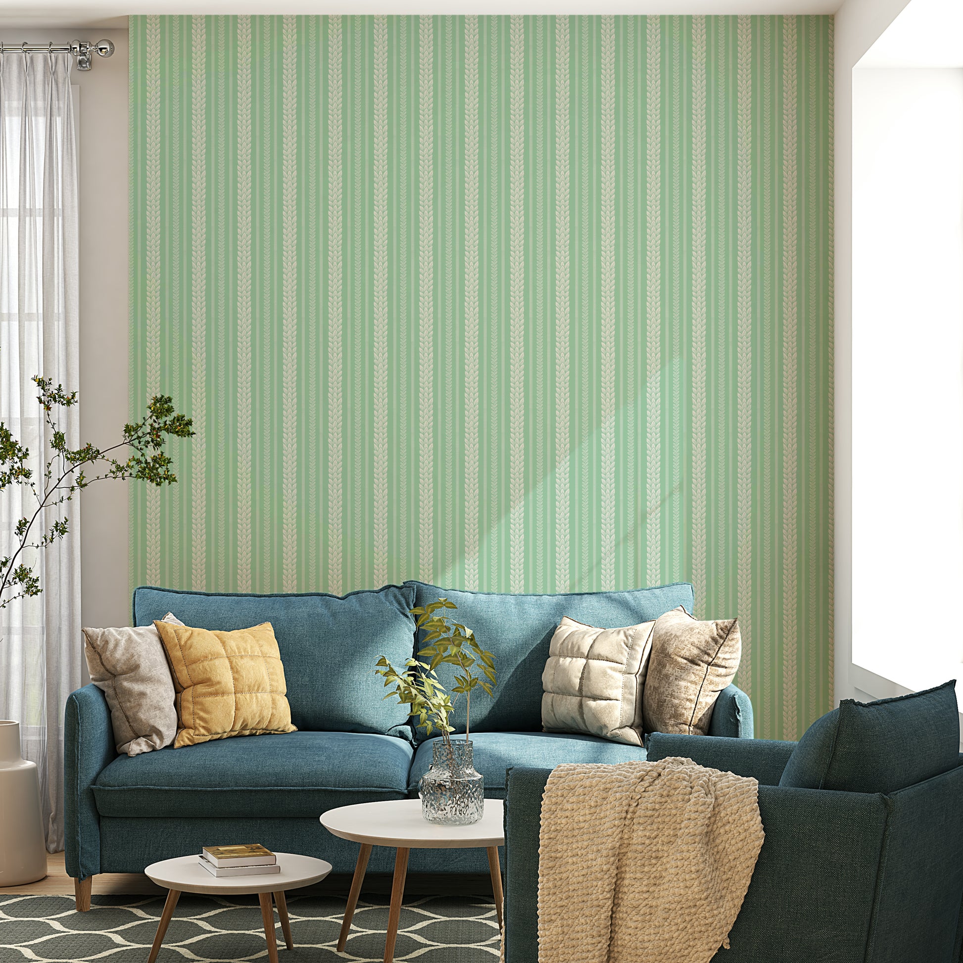Merry cherry wallpaper in green and white stripes

