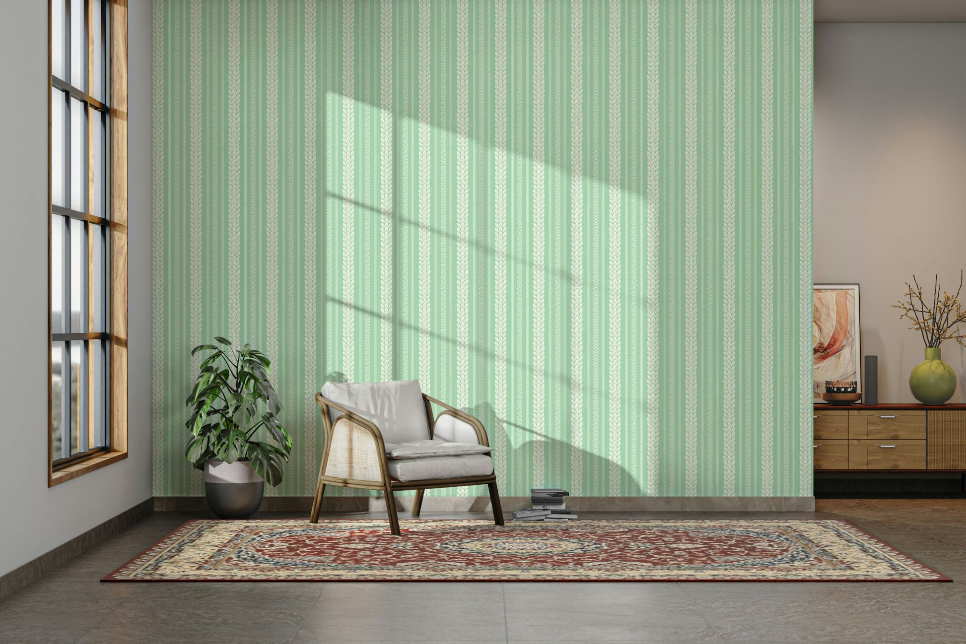 Bold green stripe wallpaper with scattered cherry designs

