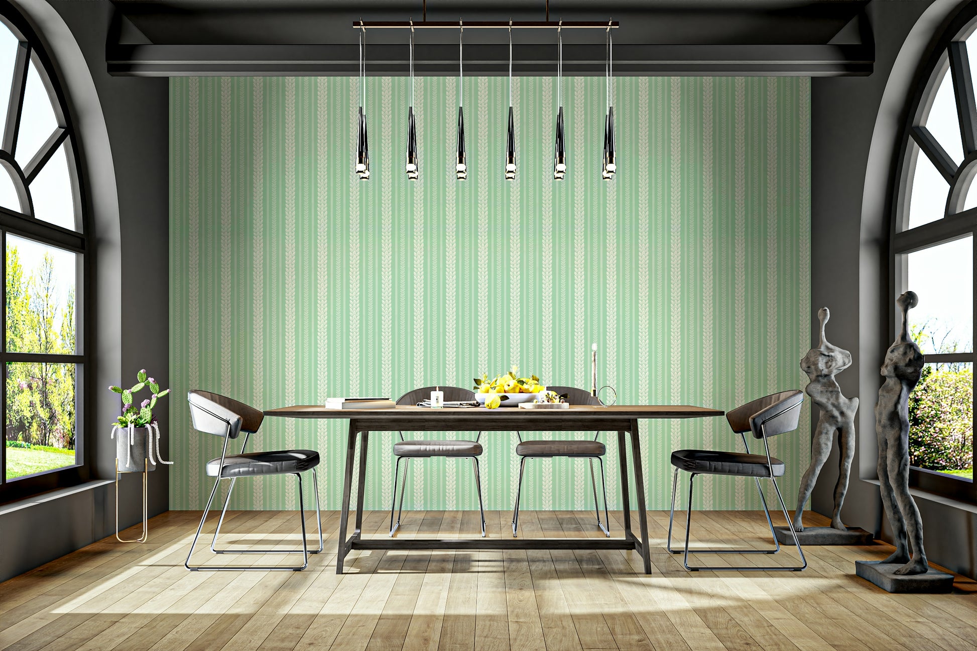 Vibrant cherry print on green striped wallpaper

