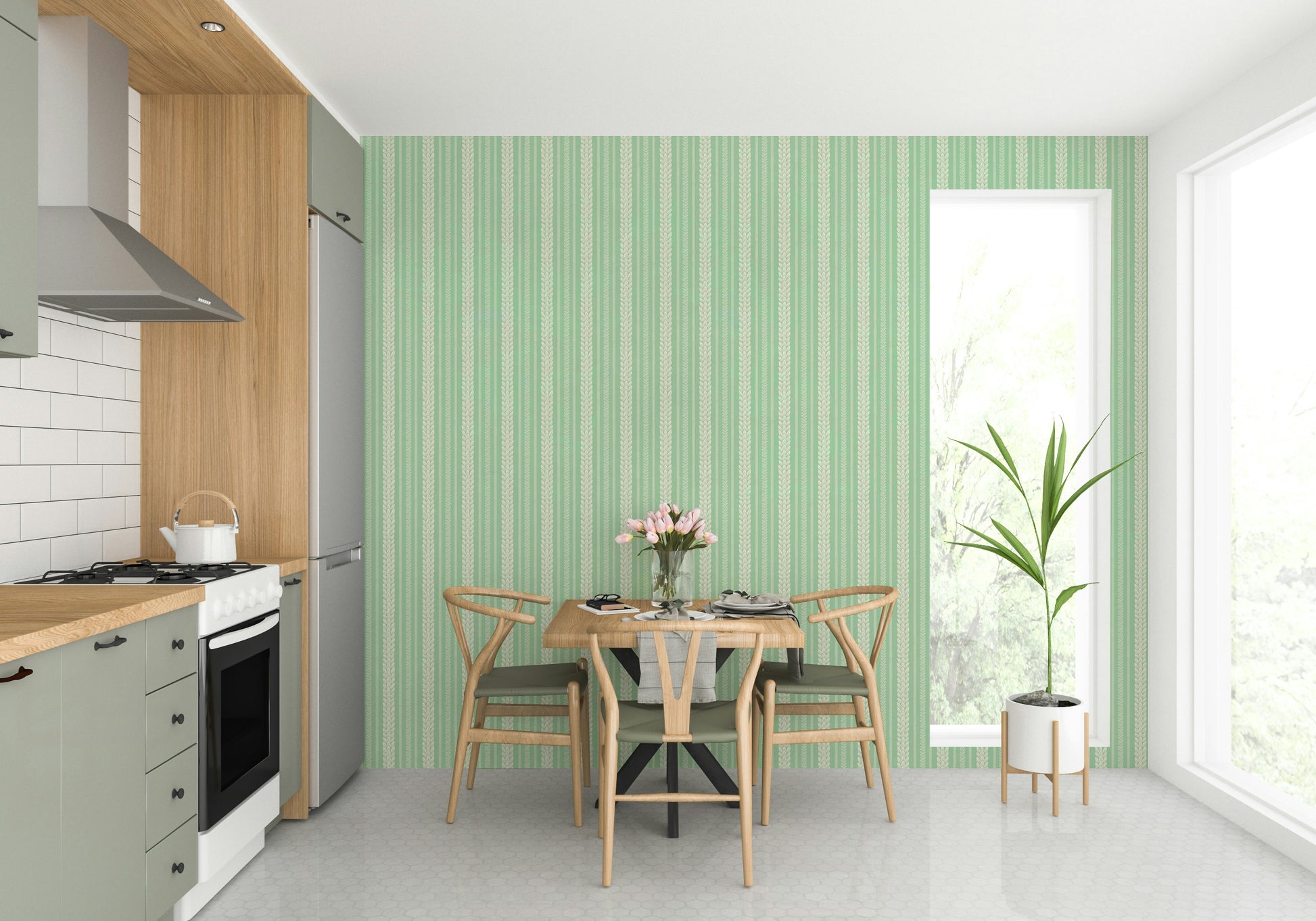 Bright wallpaper featuring green stripes and cherries

