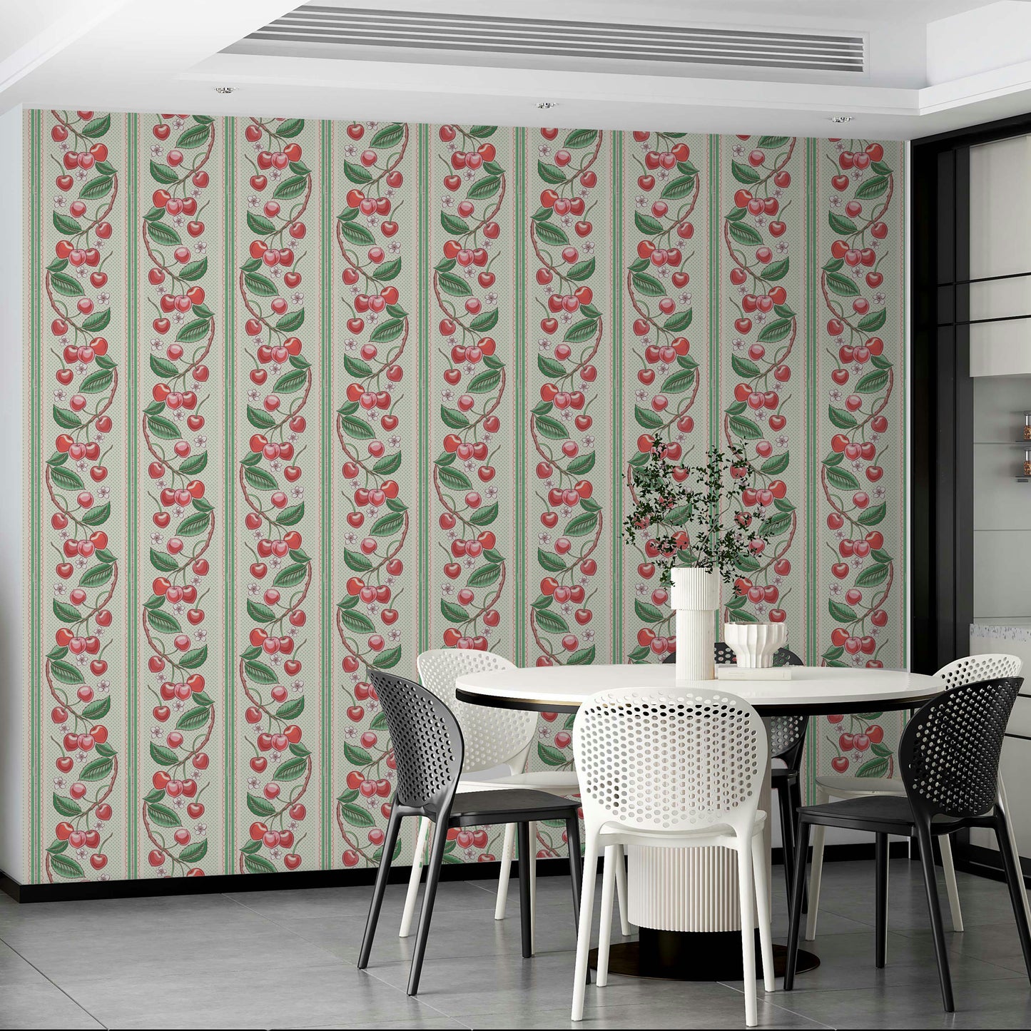 Red and green striped wallpaper with merry cherry accents

