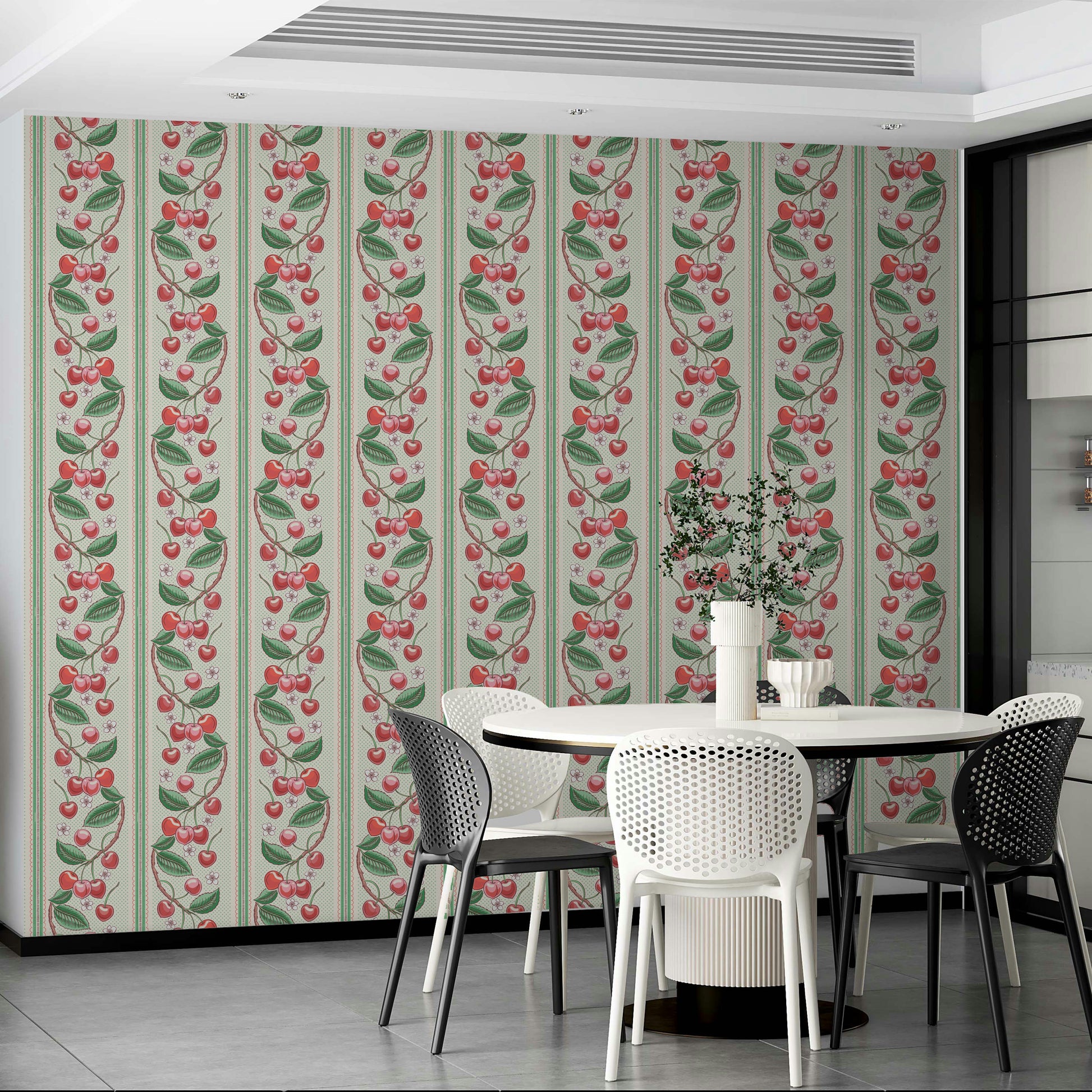 Red and green striped wallpaper with merry cherry accents

