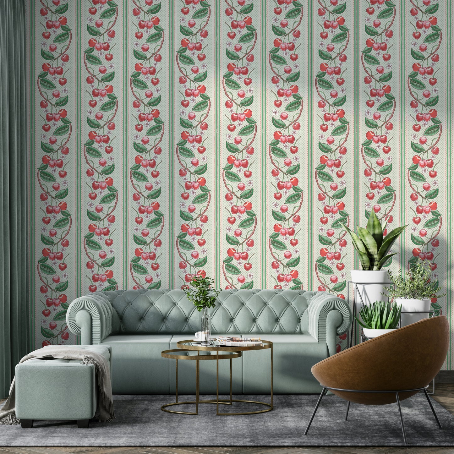 Vibrant red and green stripe wallpaper featuring cherry motifs

