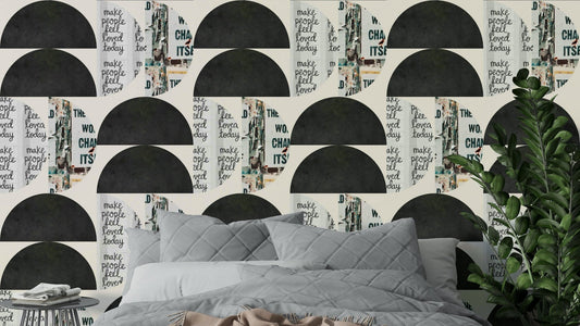 Mescolanza 15 wallpaper with dark semicircles and text collage

