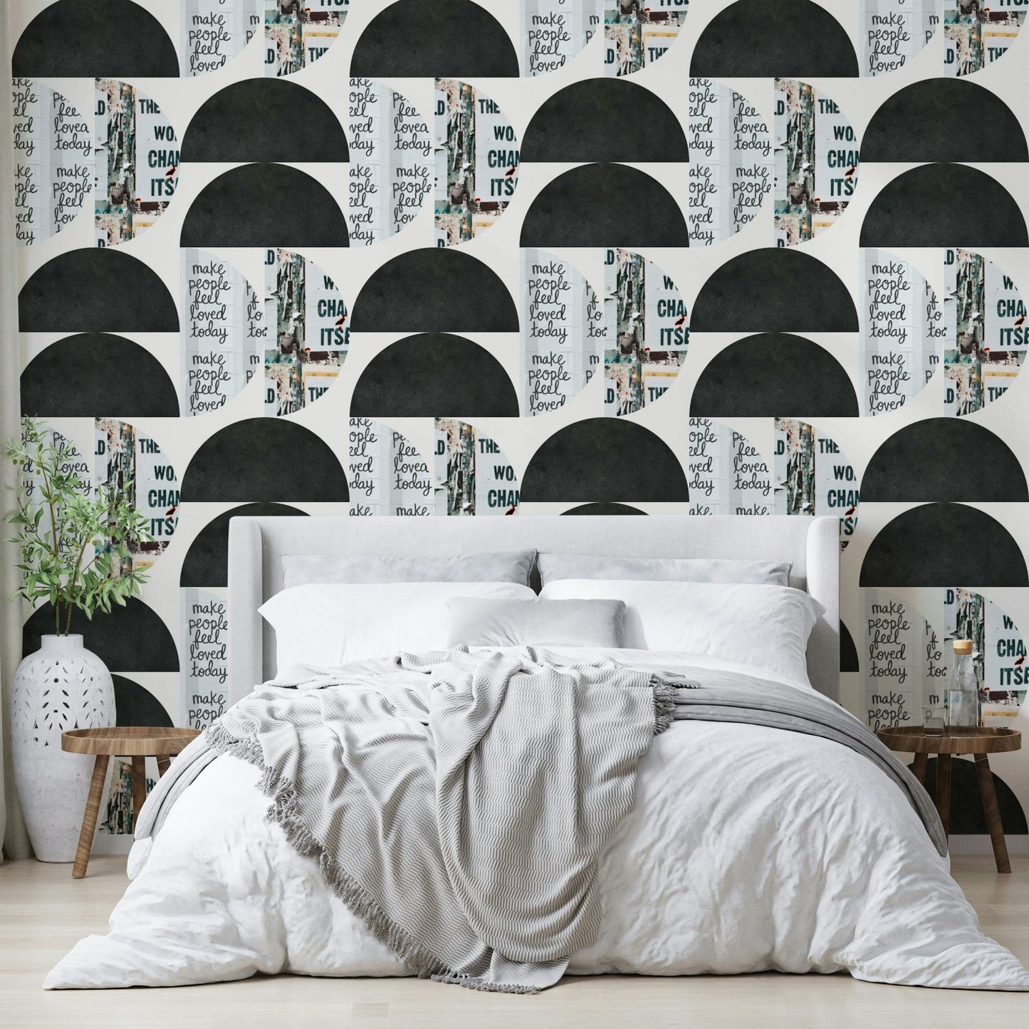Creative space wall decorated with abstract collage wallpaper

