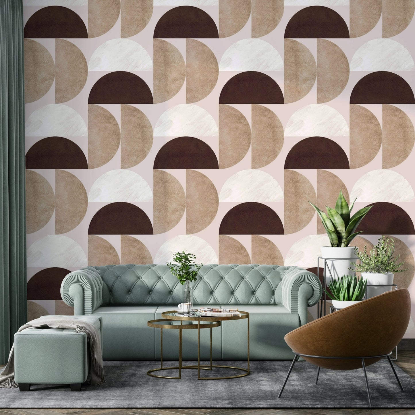 Subtle geometric wall mural in living room

