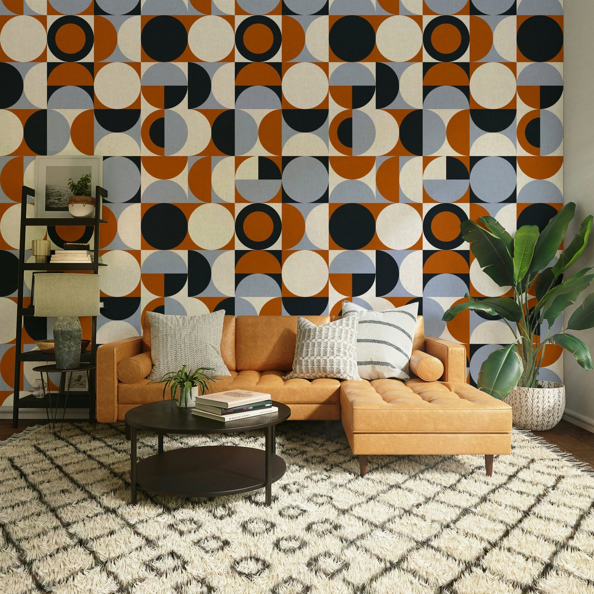 Modern living space with Mescolanza Wallpaper feature wall

