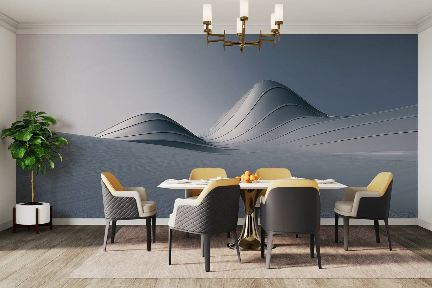 Abstract landscape mural in gold and grey hues

