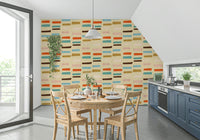 Mid-century mod abstract forms, colored pieces, sophisticated and calm mural backdrop.