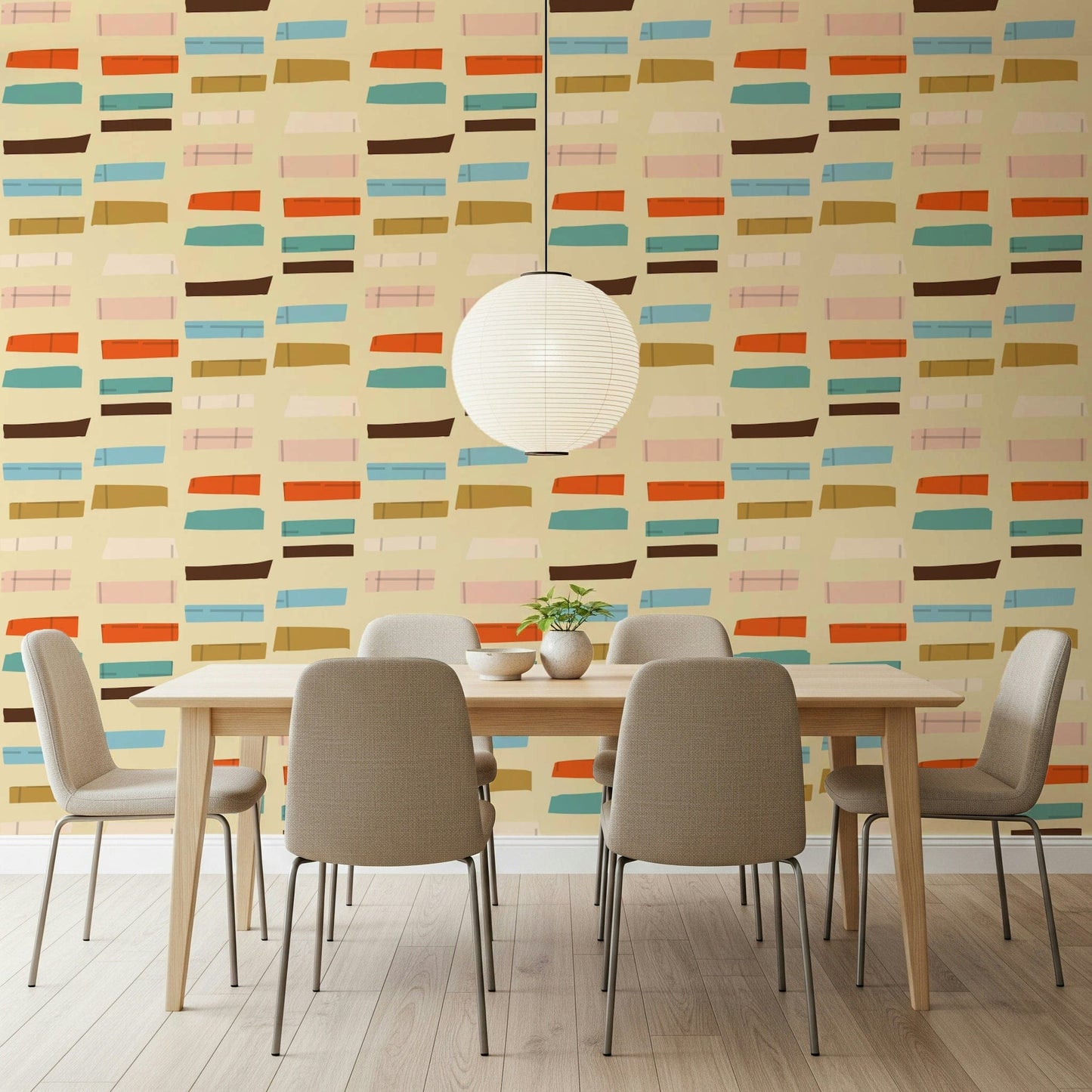 Mid Mod Stacked Blocks Beige wallpaper; abstract pattern in vintage hues.