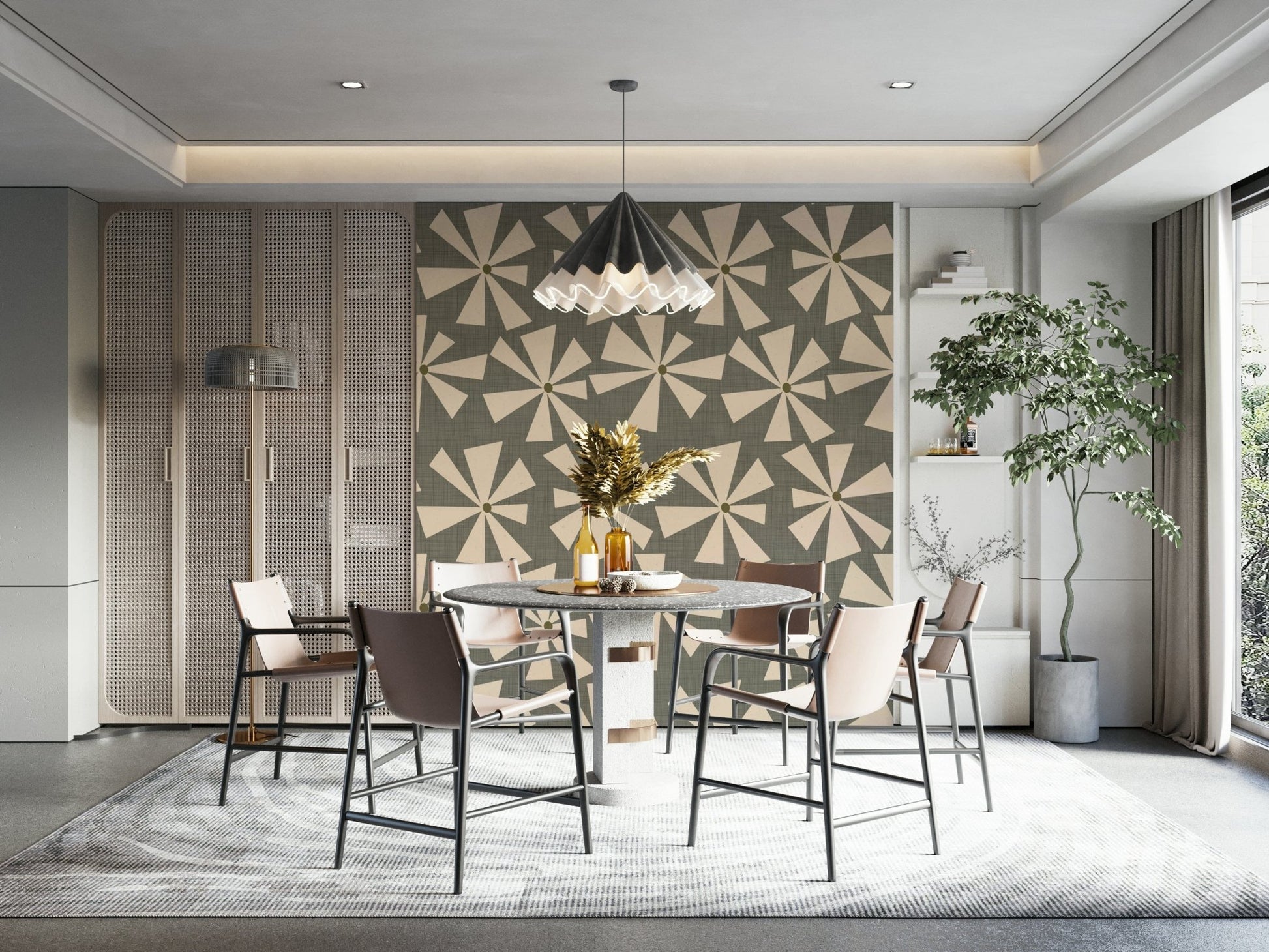 Decorative wallpaper with mid-century pinwheel blooms in a playful repeating layout.