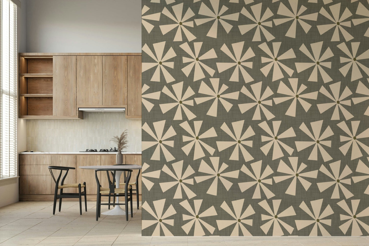 Chic vintage floral wallpaper with geometric starburst motifs across a muted green field.