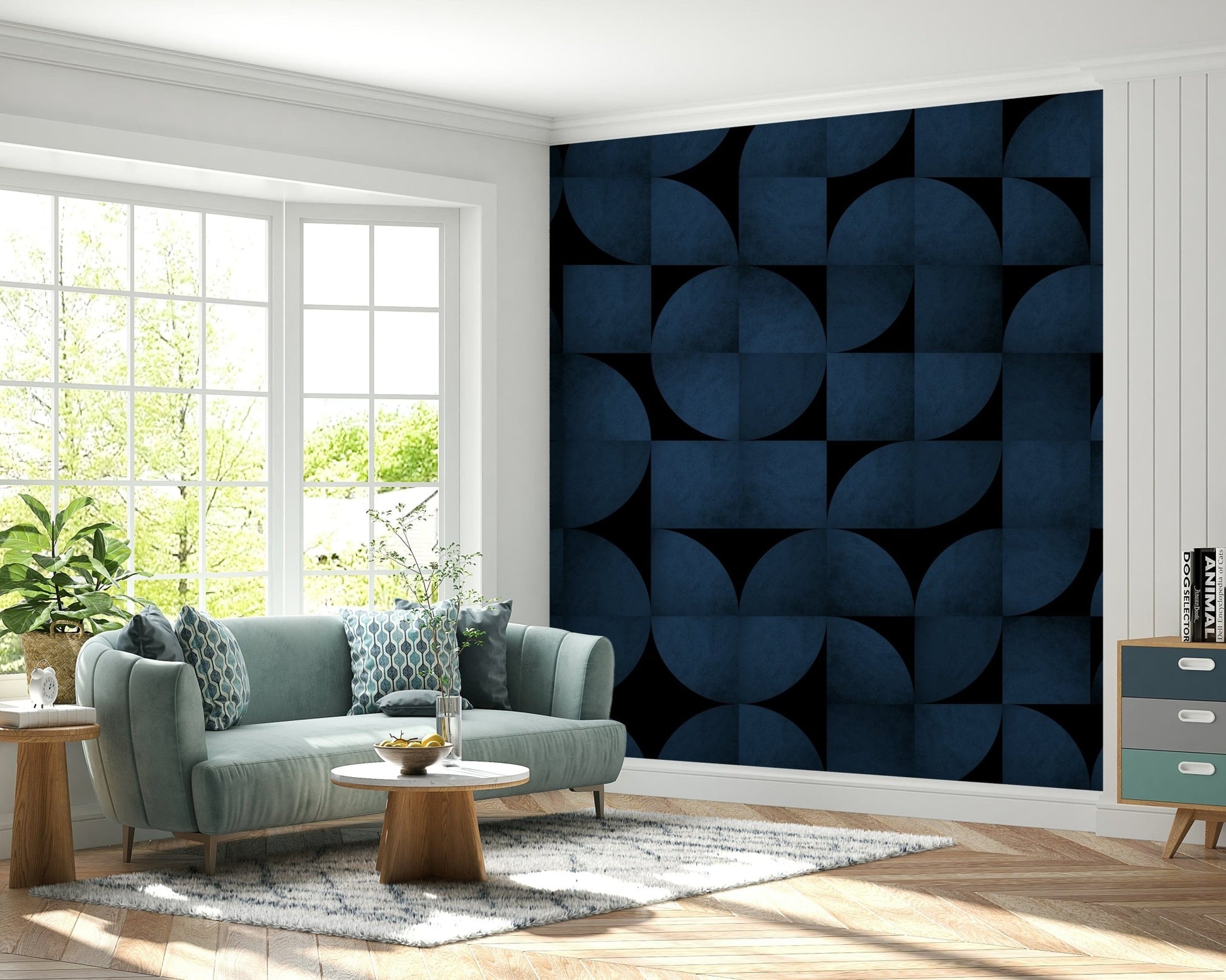 Mid-Century Blue Stone Accent Wall Mural – Statement wall mural with layered blue stone textures and vintage-modern flair.