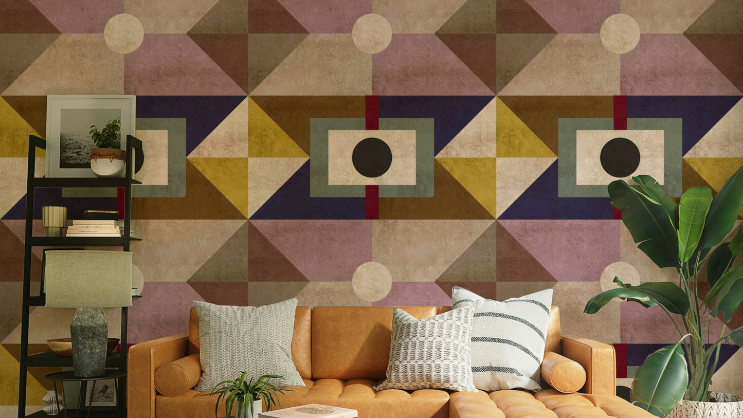 Mid-century brown mural wallpaper with retro shapes

