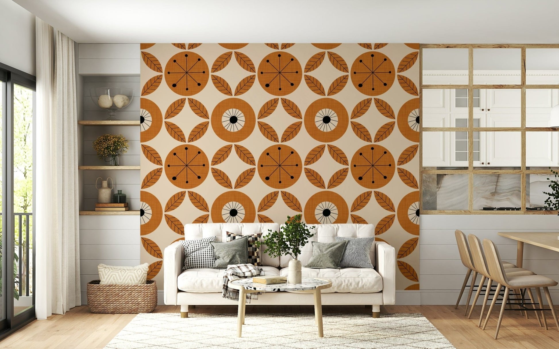 A retro wallpaper showcasing mid-century modern circles paired with symmetrical leaf designs.