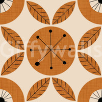A stylish mid-century charm wallpaper with rhythmically arranged circles and leaf shapes.