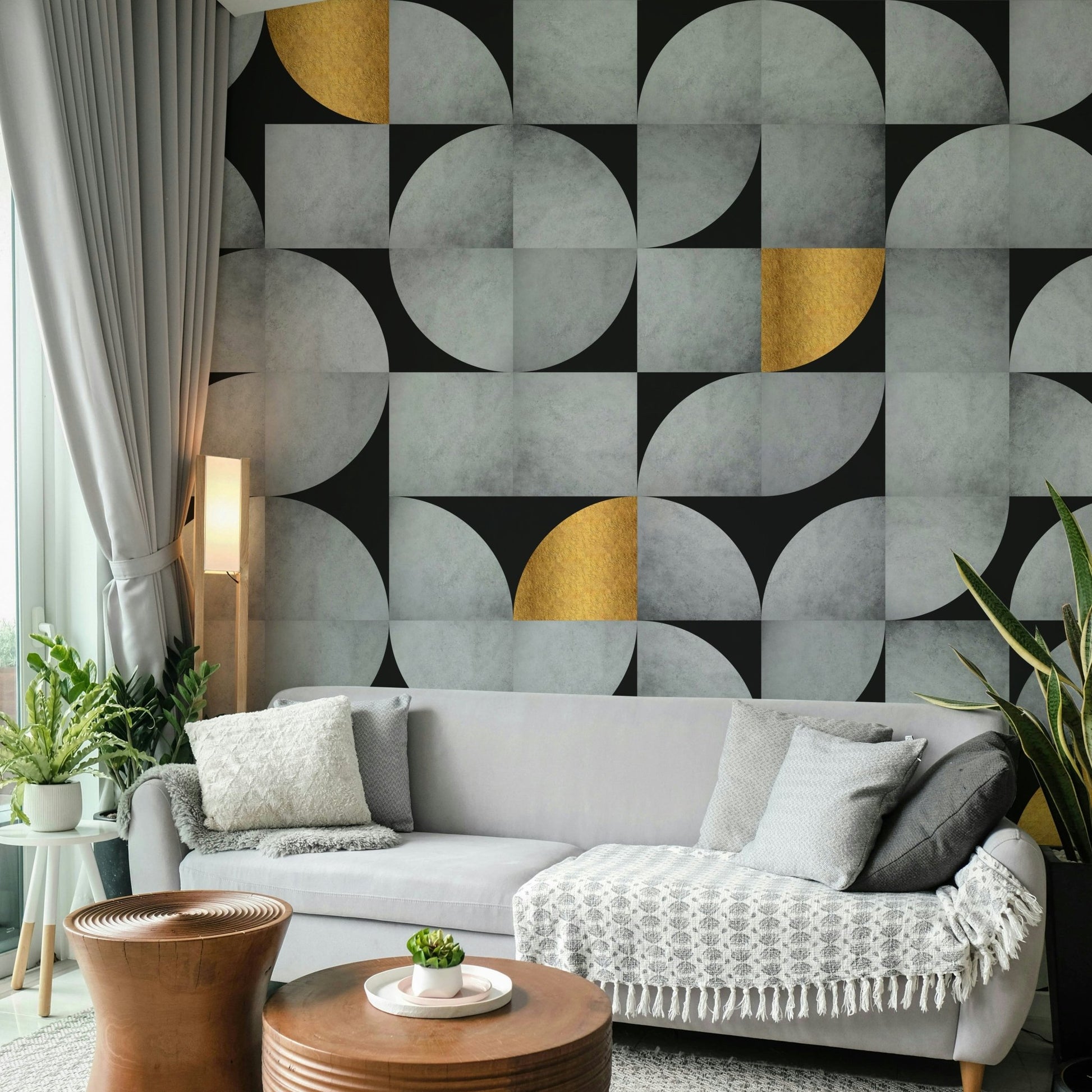 Sophisticated geometric pattern with concrete and gold tones

