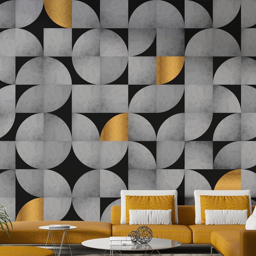 Modern mid-century wall mural with concrete and gold features

