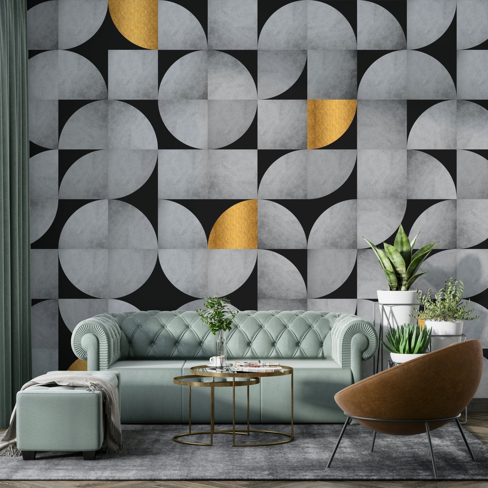 Dramatic mid-century geometric mural with gold and concrete


