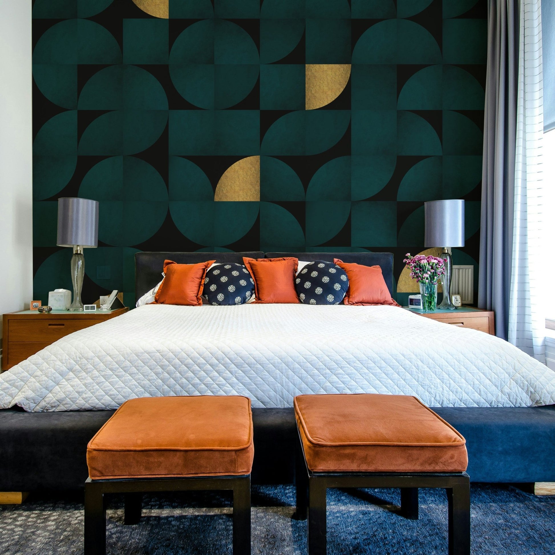 Luxurious teal and gold mural with retro aesthetics

