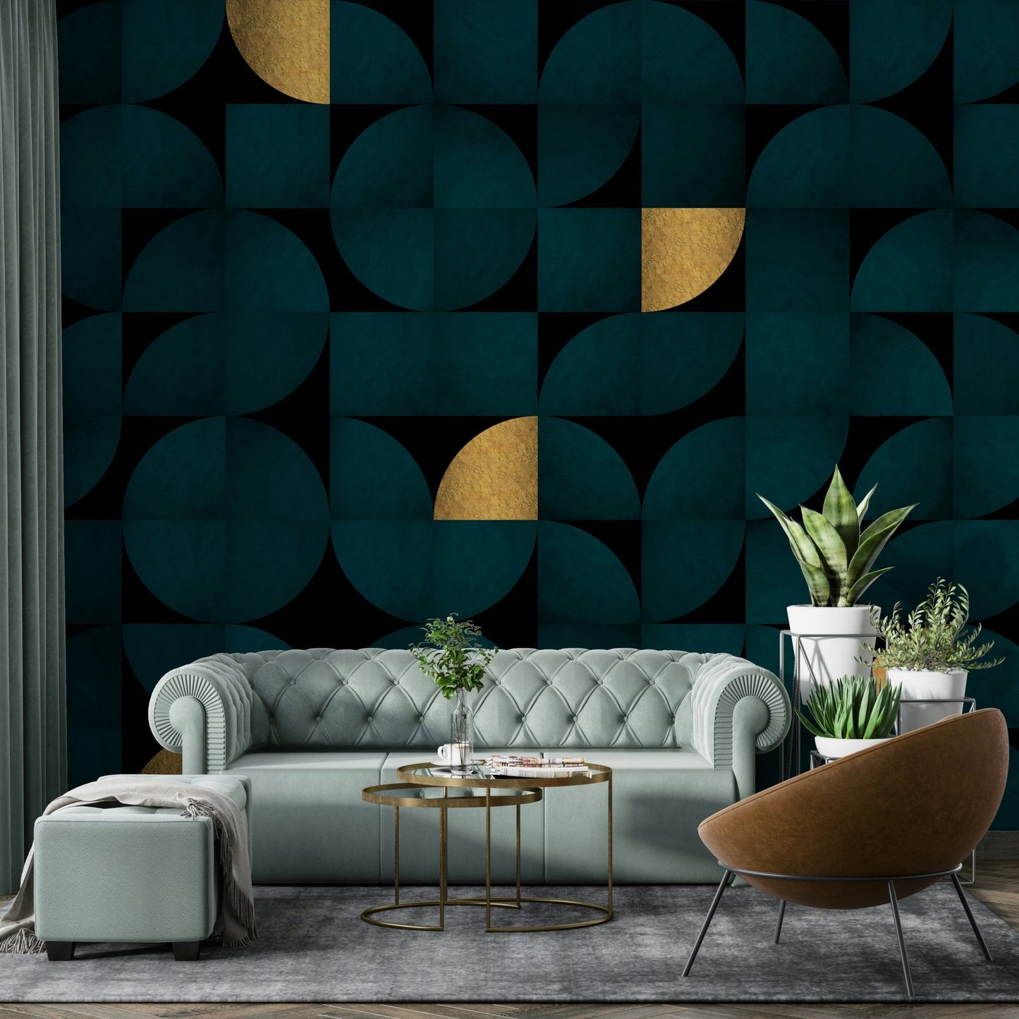 Sophisticated dark teal mural with golden details

