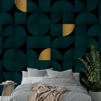 Geometric gold line mural on deep teal background


