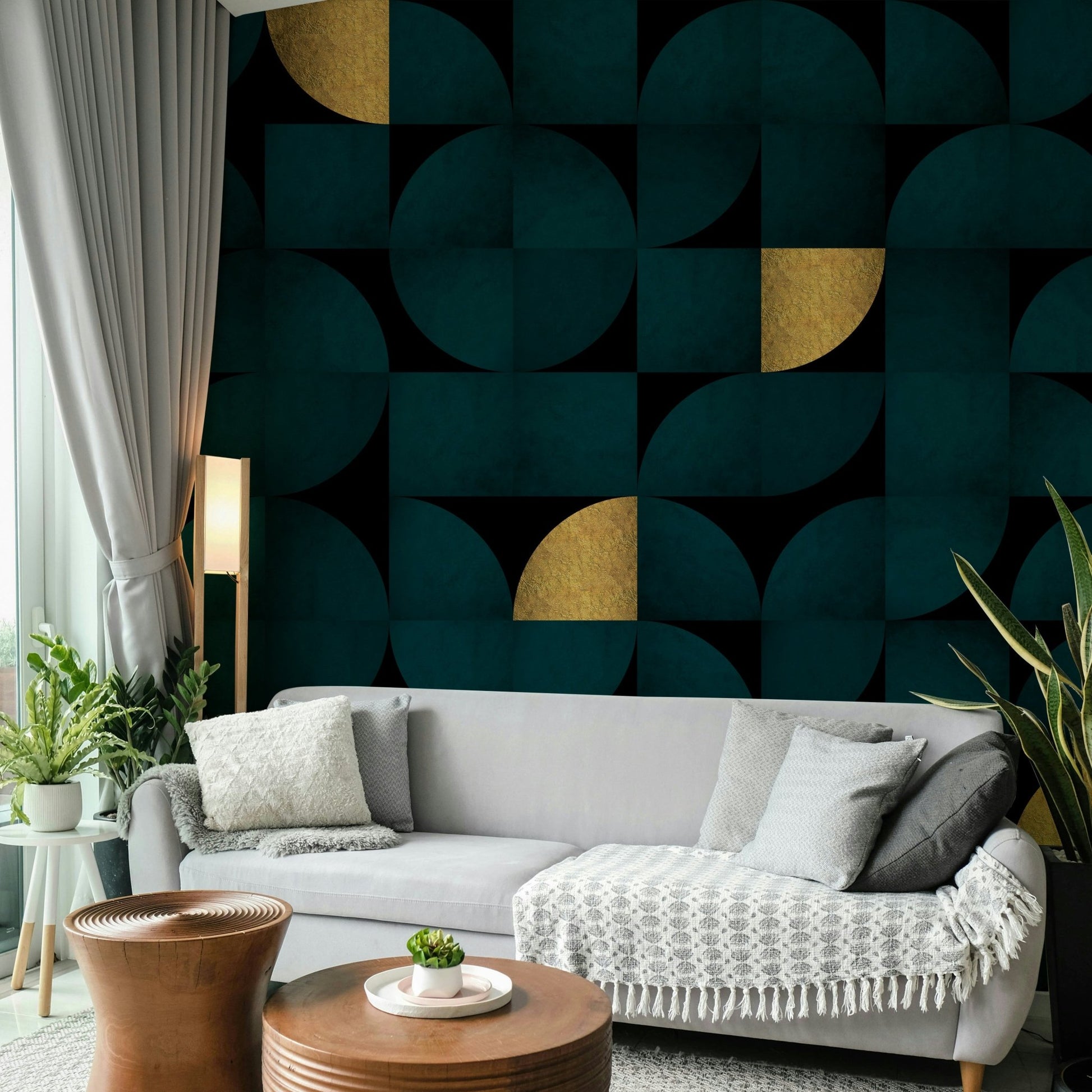 Retro-inspired wall mural in dark teal and gold tones

