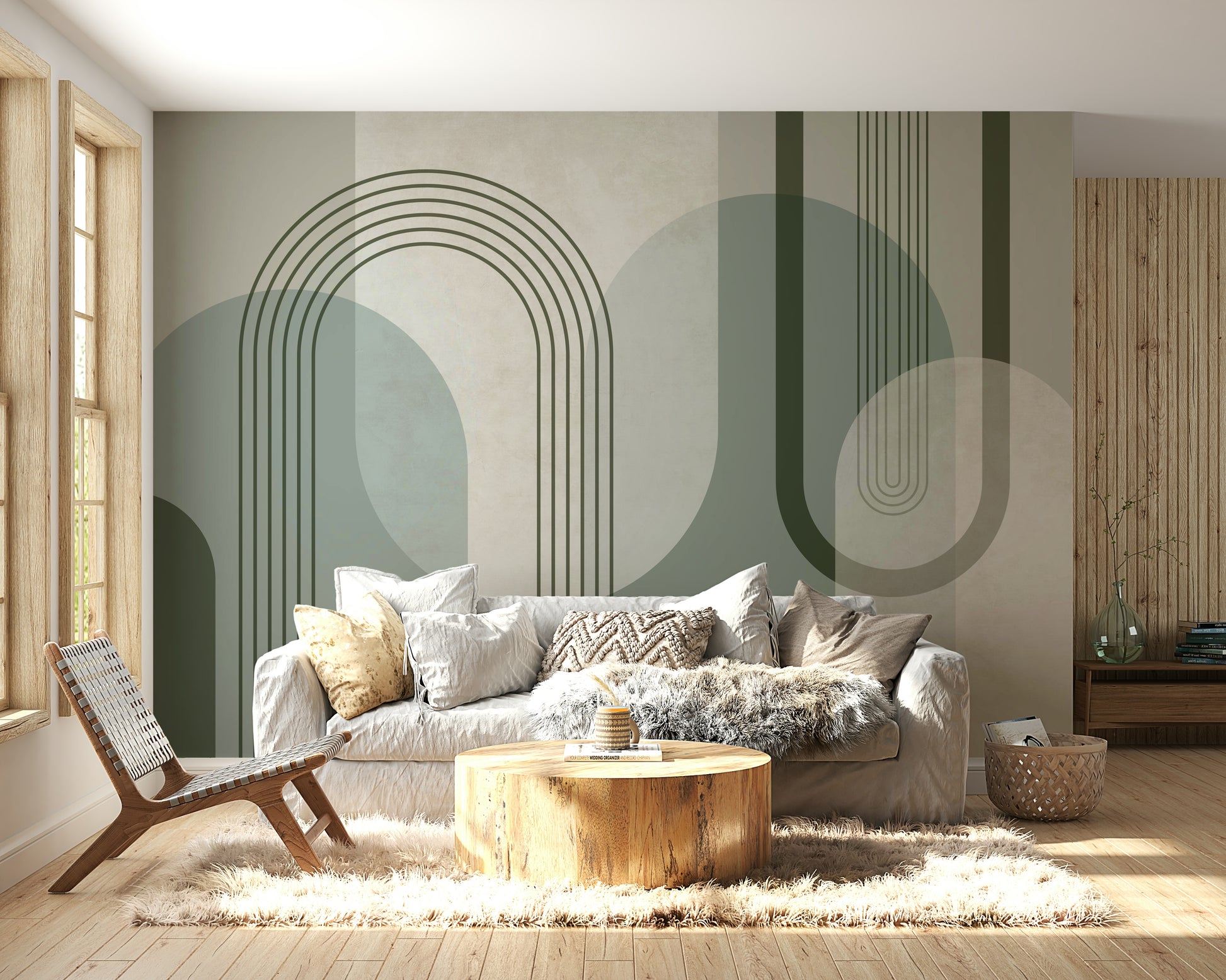 Bold forest green wall mural with mid-century modern design

