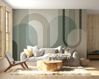 Bold forest green wall mural with mid-century modern design

