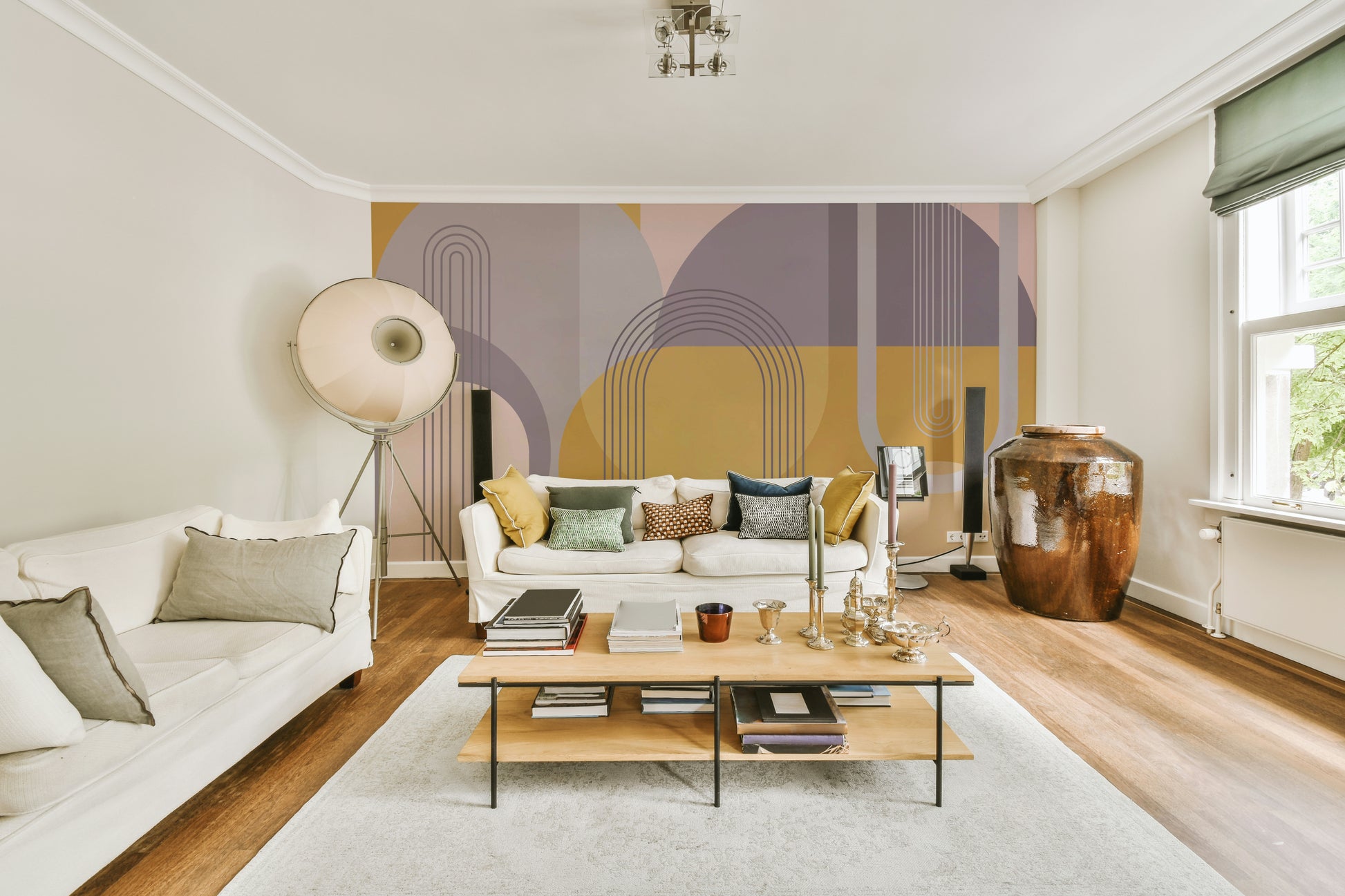 Mid-century design wall mural featuring dynamic, colorful forms.

