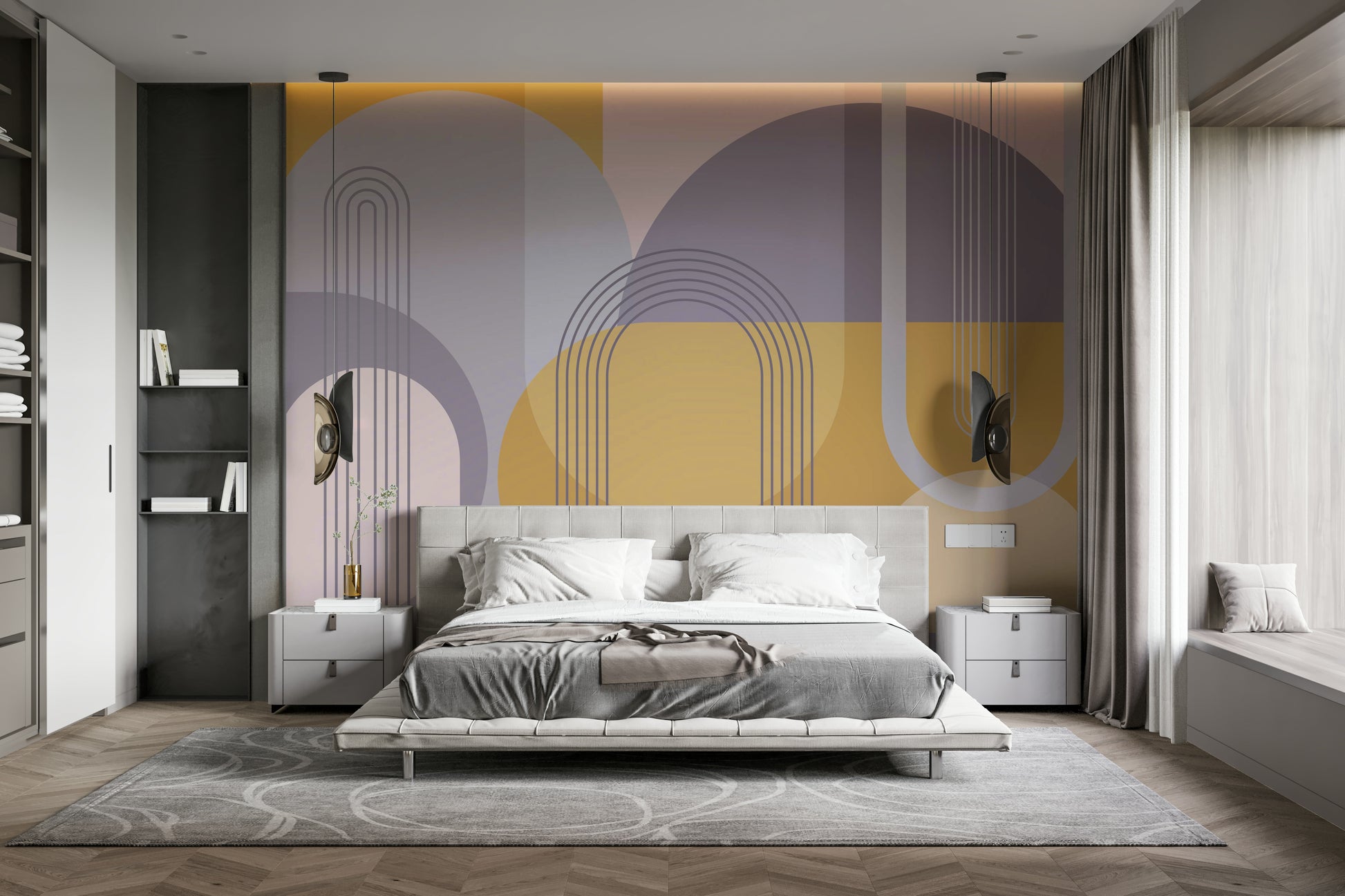 Mid-Century Modern Abstract Wall Mural with geometric shapes.

