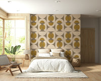 Modern retro wallpaper with symmetrical arcs and circle shapes arranged in a grid layout