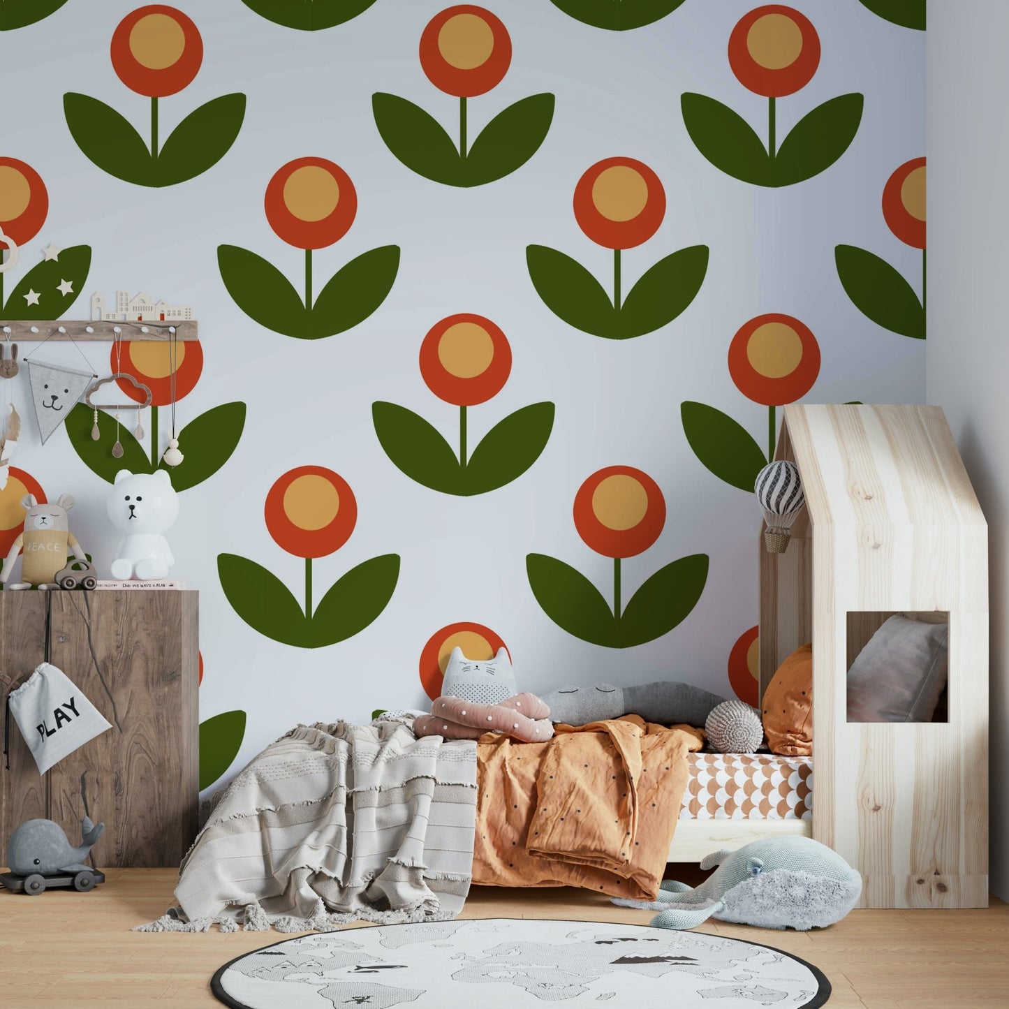 Classic mid-century modern floral wallpaper for walls.

