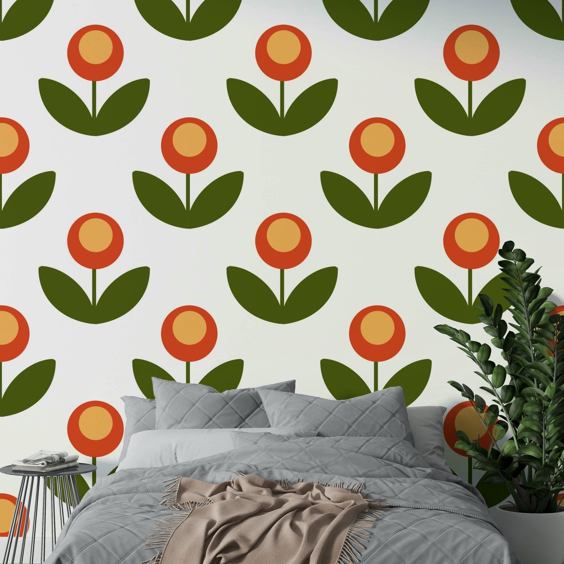Retro-inspired wallpaper with mid-century blooms.

