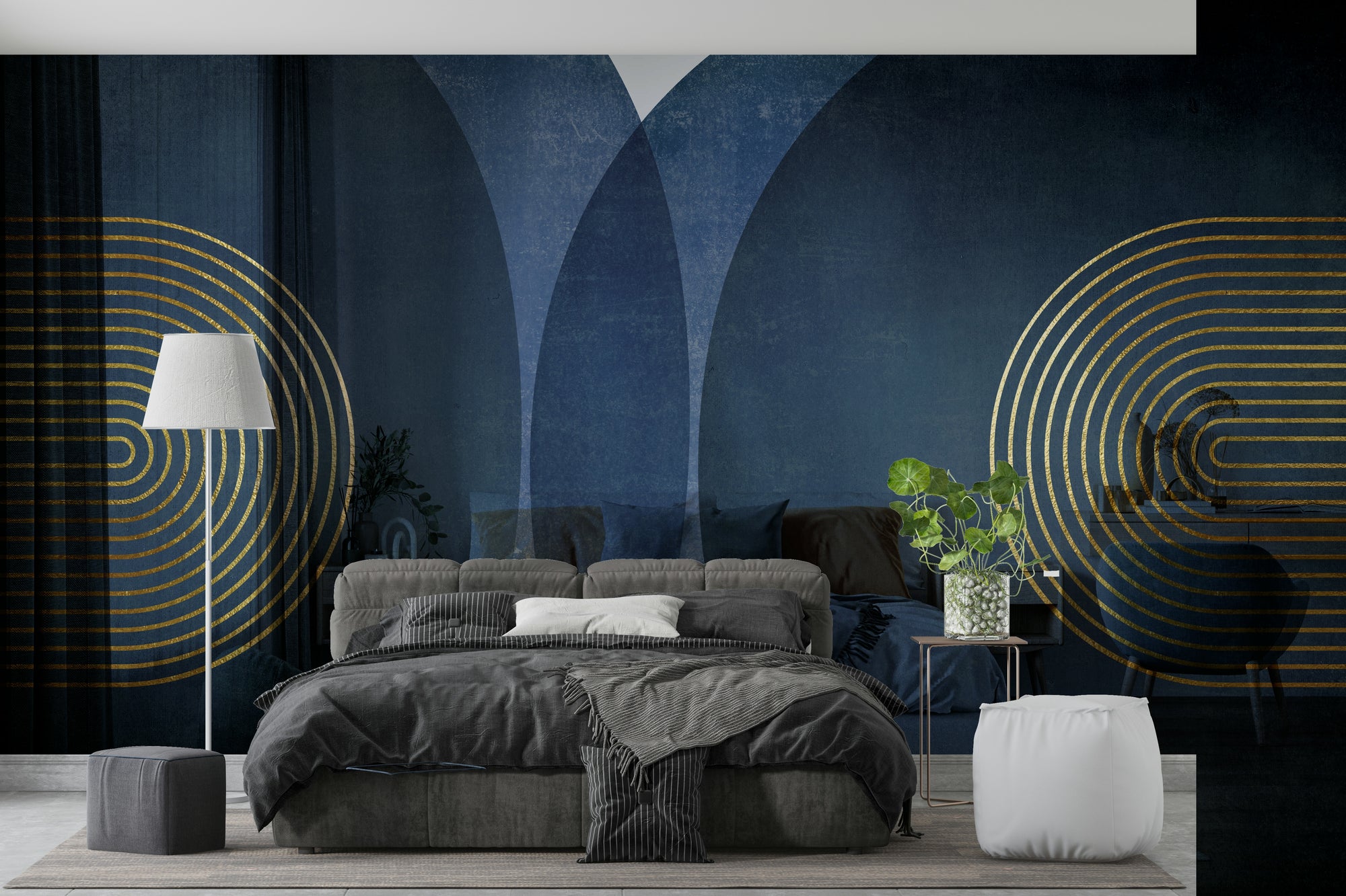 Mid Century Modern Blue wallpaper mural with gold arches behind a grey bed and white floor lamp in a bedroom