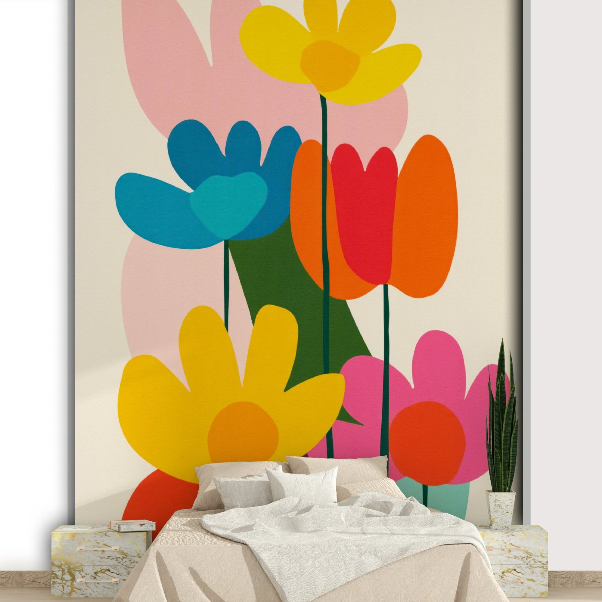 Graphic floral design in 1960s color palette

