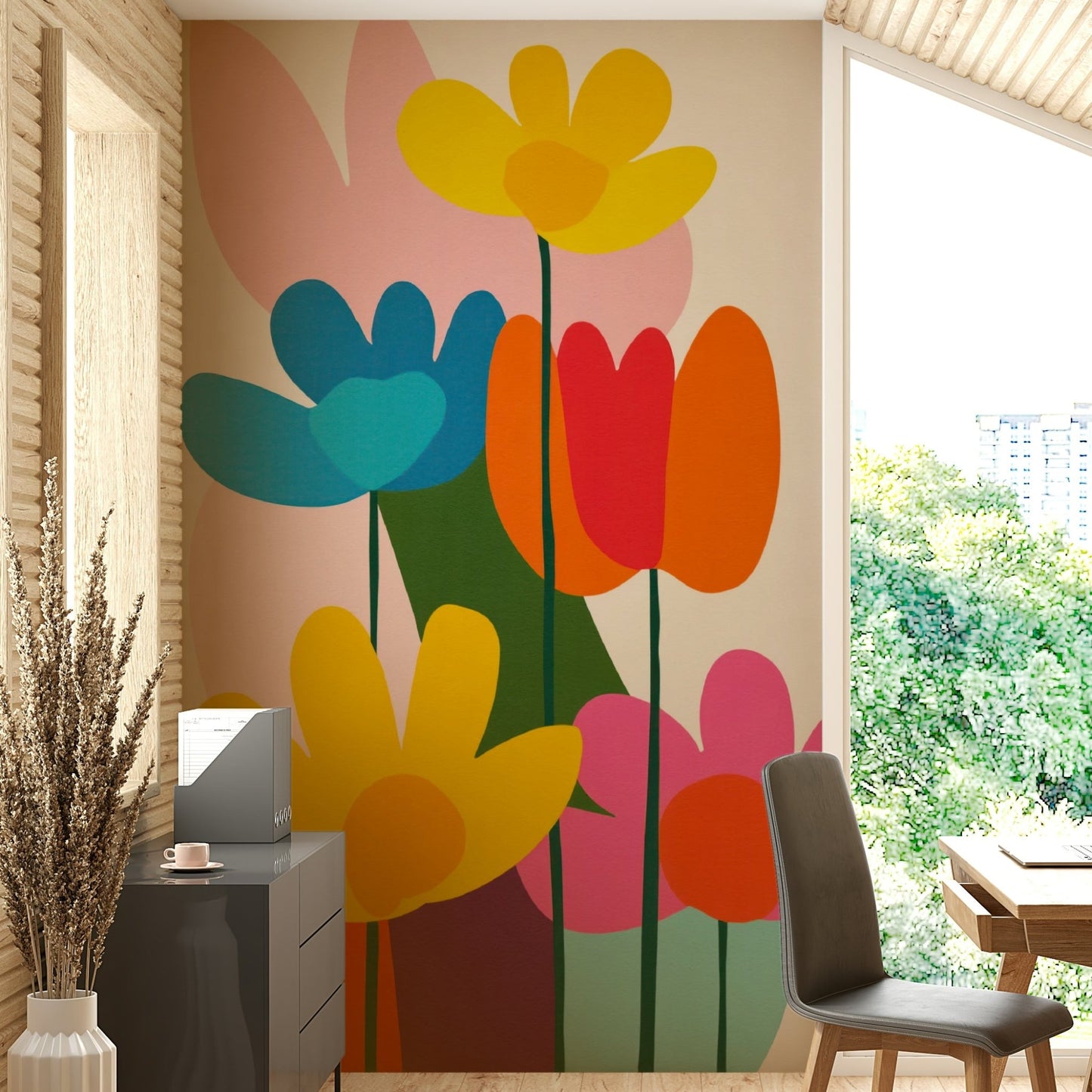 Vintage-inspired wall mural featuring bold florals

