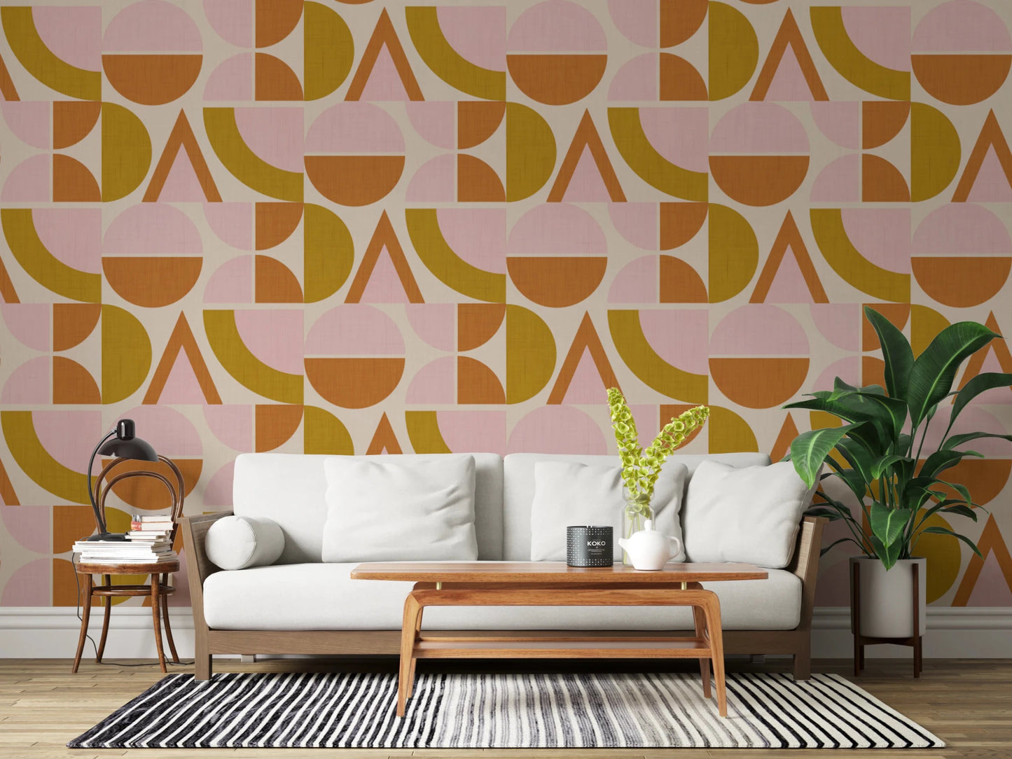 Mid - Century Modern Geometric Arches & Halves Pink Mustard Terracotta Wallpaper⁠