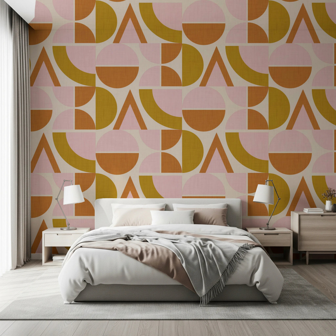 Mid - Century Modern Geometric Arches & Halves Pink Mustard Terracotta Wallpaper⁠