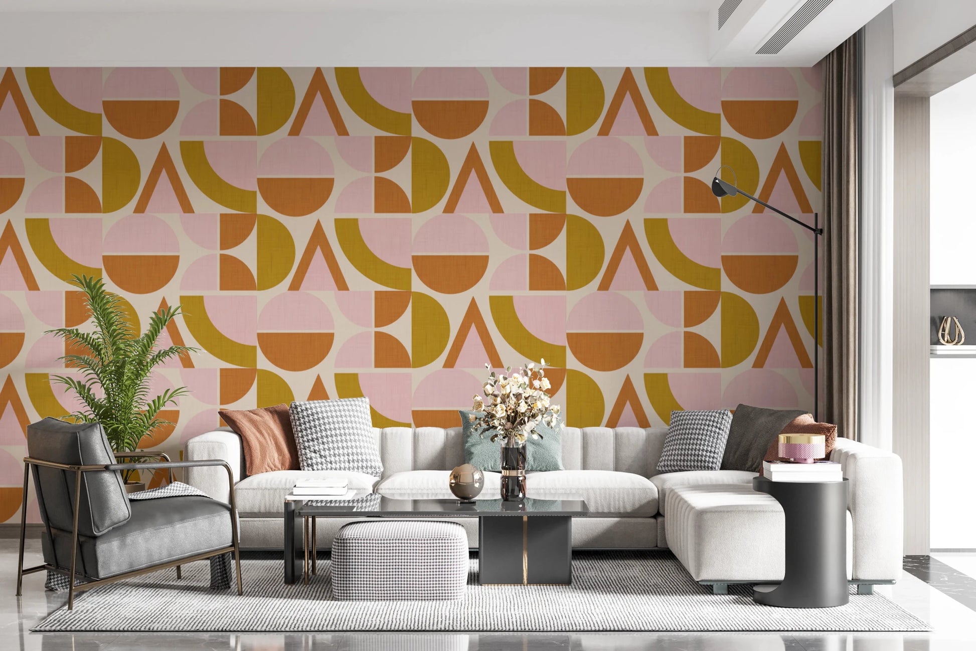 Mid - Century Modern Geometric Arches & Halves Pink Mustard Terracotta Wallpaper⁠