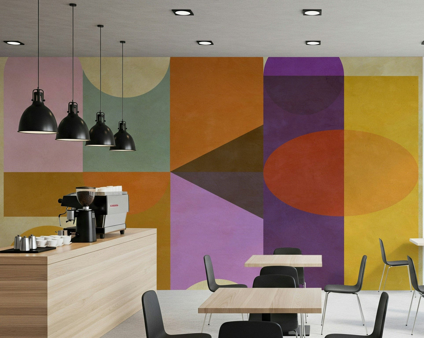 Symmetrical curved blocks build Mid-Century Abstract wall mural style.
