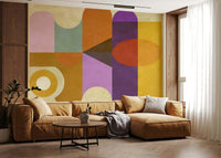 Terracotta oval motifs decorate Mid-Century Abstract wall mural art.