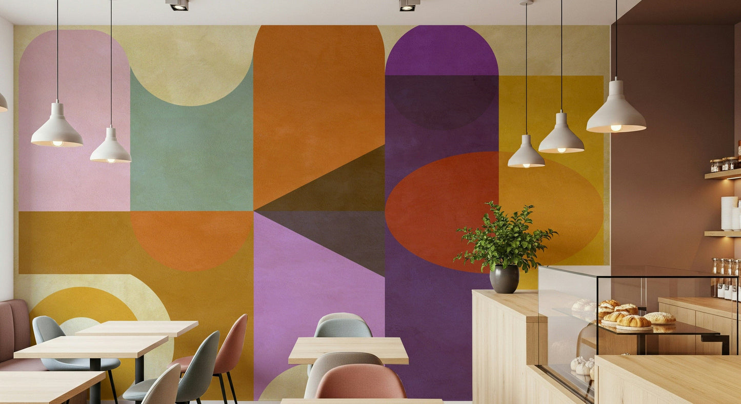 Modern mustard yellow panels fill Mid-Century Abstract wall mural.